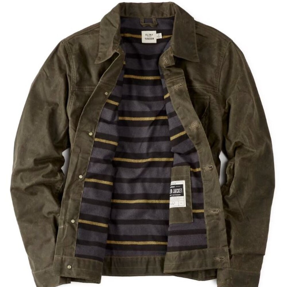 Flint And Tinder Flannel Lined Waxed Trucker Jacket Forest Green XL